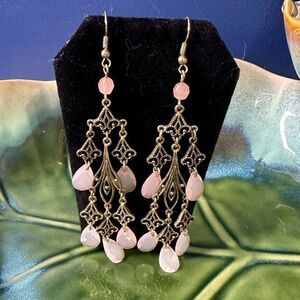 4” Vintage Chandelier Earrings Pink & Gold Tone